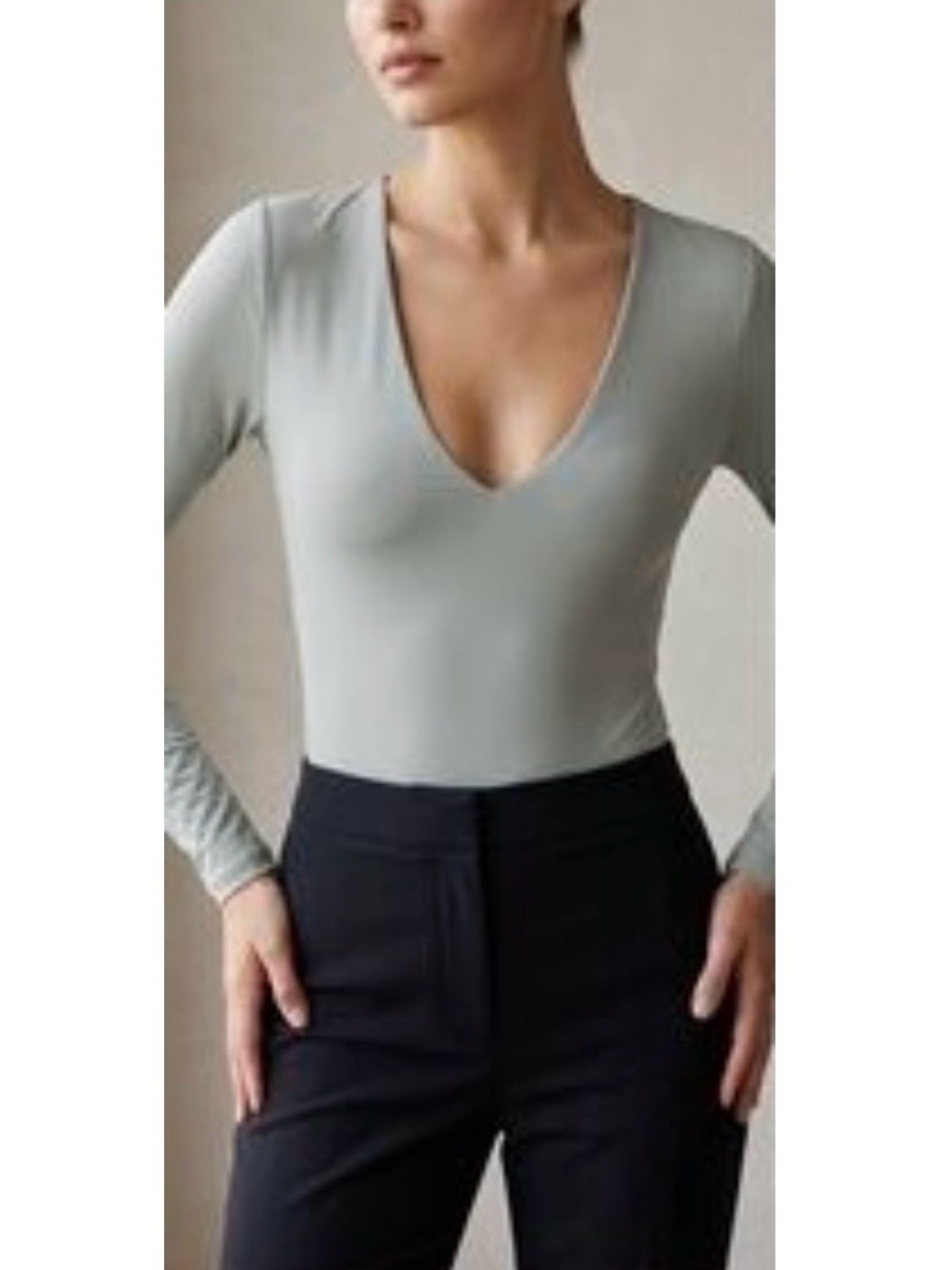 OPEN EDIT Nordstrom Women V neck Long Sleeve Slim Bodysuit Saga Green Halo Sz M